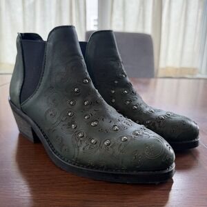 Farylrobin Sacral Ankle Boots Womens Size 6 Green Leather Embellished
